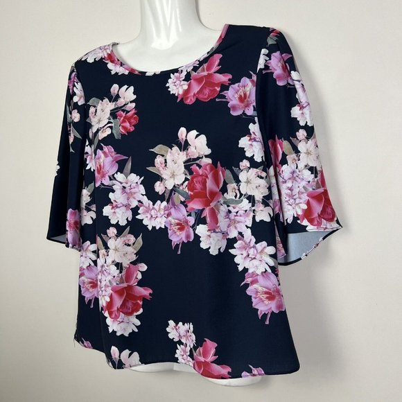 Portmans Women’s Floral Top Blouse Navy Blue & Pink Short Sleeve Spring Size 8 - Picture 2 of 12